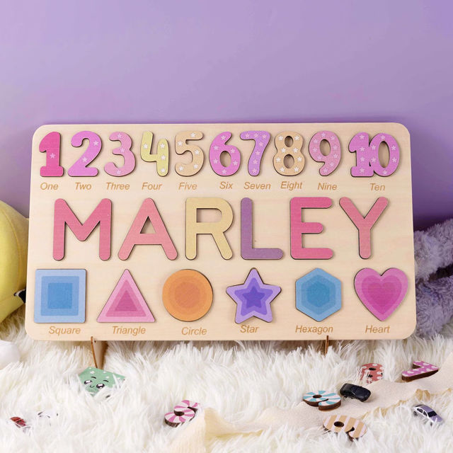 Picture of Personalised Wooden Puzzle Name Board - Graphics and Figures - Rainbow Colors - Personalised Toy for Kids