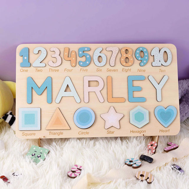Picture of Personalised Wooden Puzzle Name Board - Graphics and Figures - Rainbow Colors - Personalised Toy for Kids