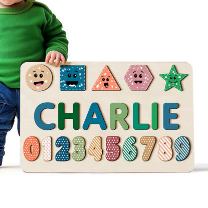 Picture of Personalized Wooden Puzzle Name Board - Graphics and Figures - Green and Blue Color - Personalized Toy Gift for Baby Boy