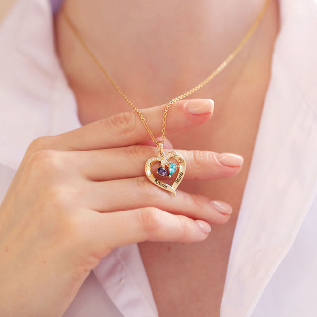 Picture of Custom Heart Shaped Necklace with Birthstones - Personalized Valentine's Day Necklace with Names - Custom Necklace Gift for Her