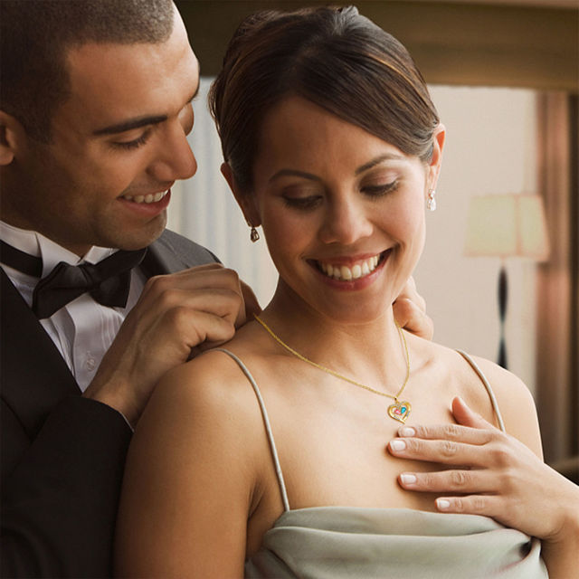 Picture of Custom Heart Shaped Necklace with Birthstones - Personalized Valentine's Day Necklace with Names - Custom Necklace Gift for Her