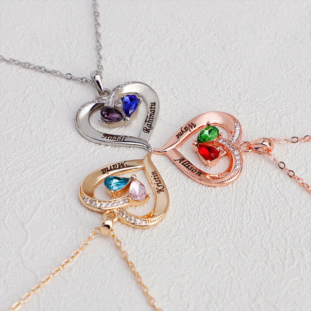 Picture of Custom Heart Shaped Necklace with Birthstones - Personalized Valentine's Day Necklace with Names - Custom Necklace Gift for Her