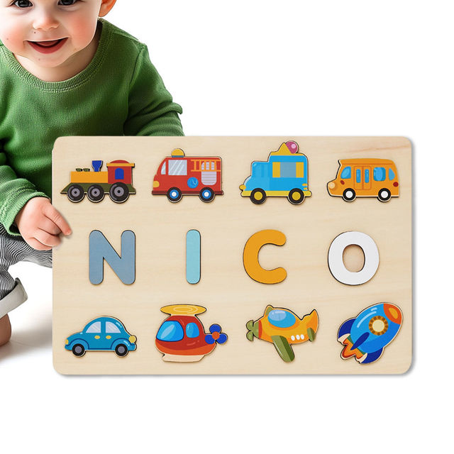 Picture of Personalized Wooden Name Puzzle - Custom Name Puzzle with Transportation - Personalized Gift for Toddlers