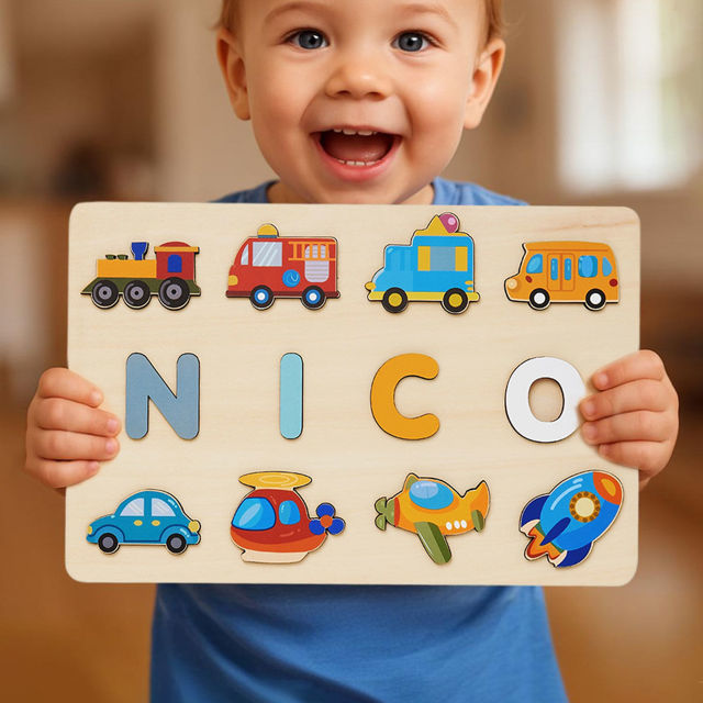 Picture of Personalized Wooden Name Puzzle - Custom Name Puzzle with Transportation - Personalized Gift for Toddlers