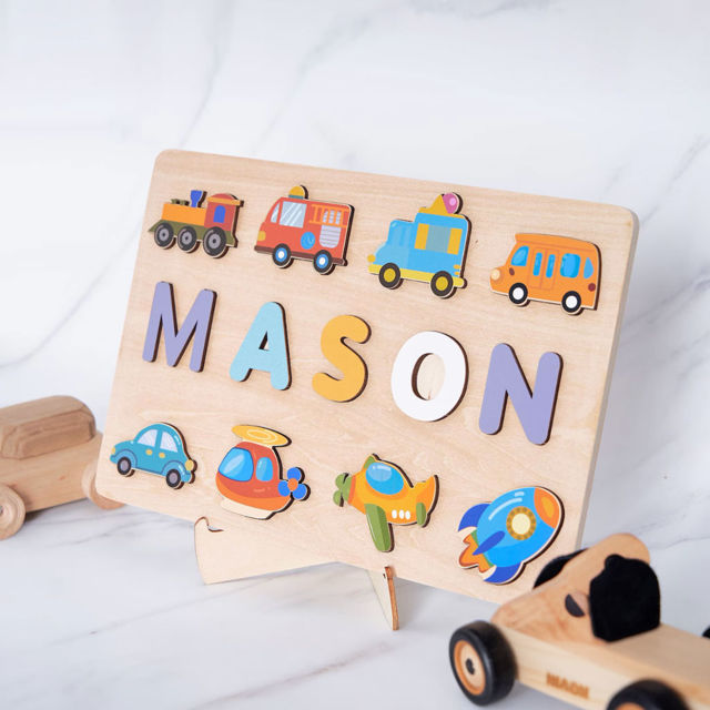 Picture of Personalized Wooden Name Puzzle - Custom Name Puzzle with Transportation - Personalized Gift for Toddlers