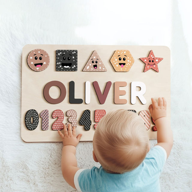Picture of Personalized Wooden Puzzle Name Board - Graphics and Figures - Brown Colors Style - Personalized Gifts for Baby Boys