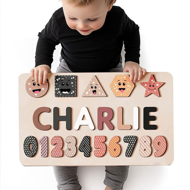 Picture of Personalized Wooden Puzzle Name Board - Graphics and Figures - Brown Colors Style - Personalized Gifts for Baby Boys