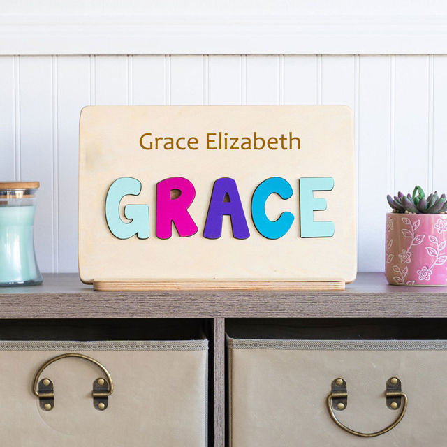 Picture of Custom Wooden Name Puzzle - Upper Name with Full Name Engraving on the Top - Personalized Name Puzzles for Toddlers and Baby