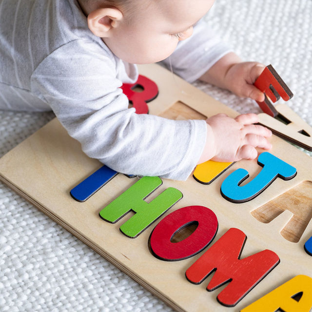 Picture of Custom Wooden Name Puzzle - Upper Name with Full Name Engraving on the Top - Personalized Name Puzzles for Toddlers and Baby