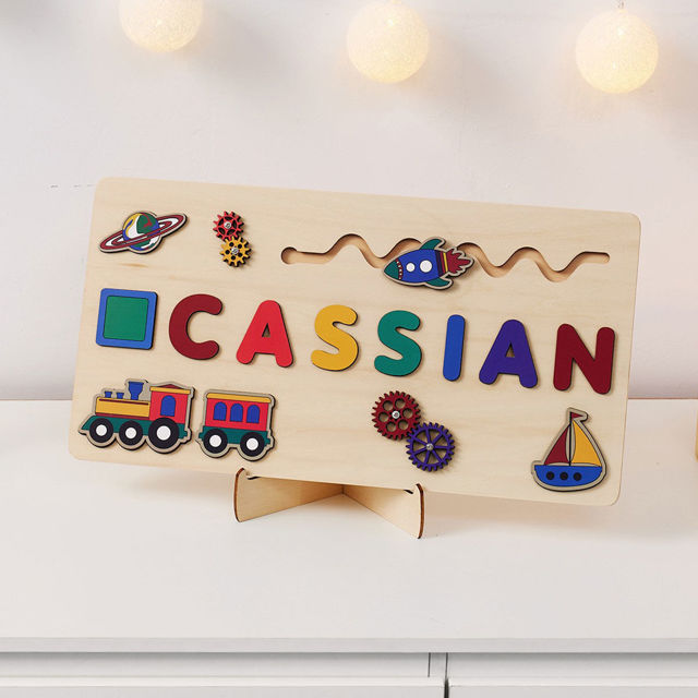 Picture of Personalized Wooden Name Puzzle Board - Personalized Gift for Baby and Kids - Rainbow Color Train Series - Gift for Baby Boys and Girls