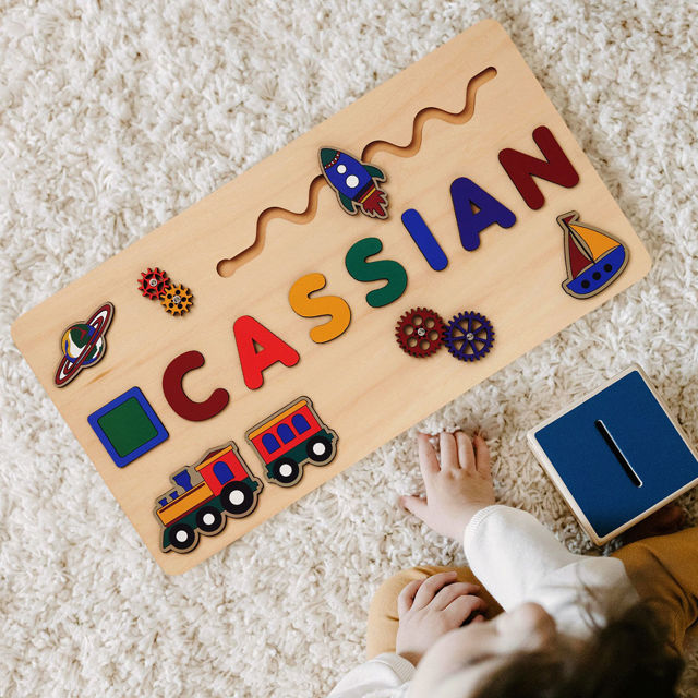 Picture of Personalized Wooden Name Puzzle Board - Personalized Gift for Baby and Kids - Rainbow Color Train Series - Gift for Baby Boys and Girls
