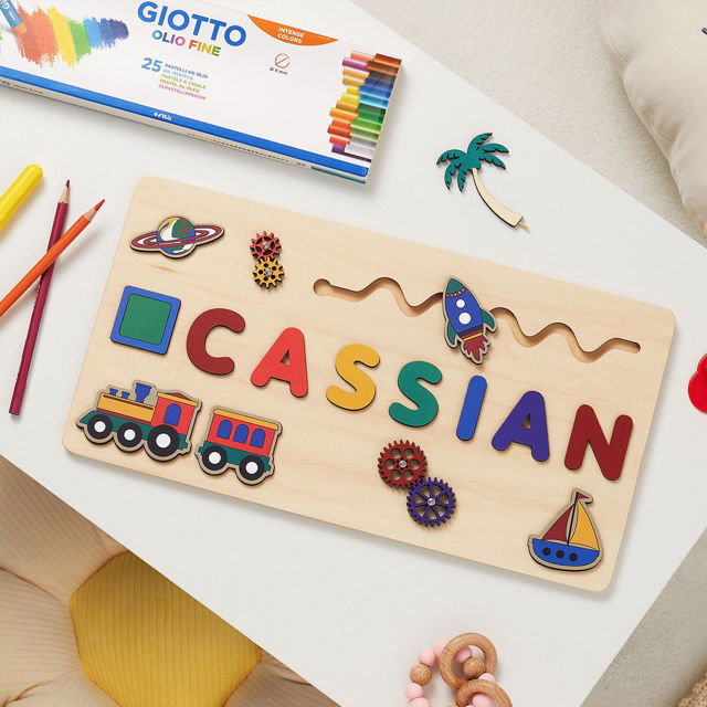 Picture of Personalized Wooden Name Puzzle Board - Personalized Gift for Baby and Kids - Rainbow Color Train Series - Gift for Baby Boys and Girls