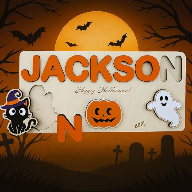 Picture of Personalized Wooden Puzzle Name Board - Halloween Theme - Orange Lettering Style - Personalized Halloween Baby Toddler Gift