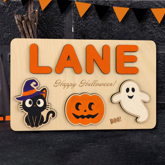 Picture of Personalized Wooden Puzzle Name Board - Halloween Theme - Orange Lettering Style - Personalized Halloween Baby Toddler Gift