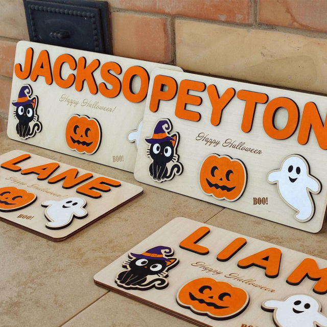 Picture of Personalized Wooden Puzzle Name Board - Halloween Theme - Orange Lettering Style - Personalized Halloween Baby Toddler Gift