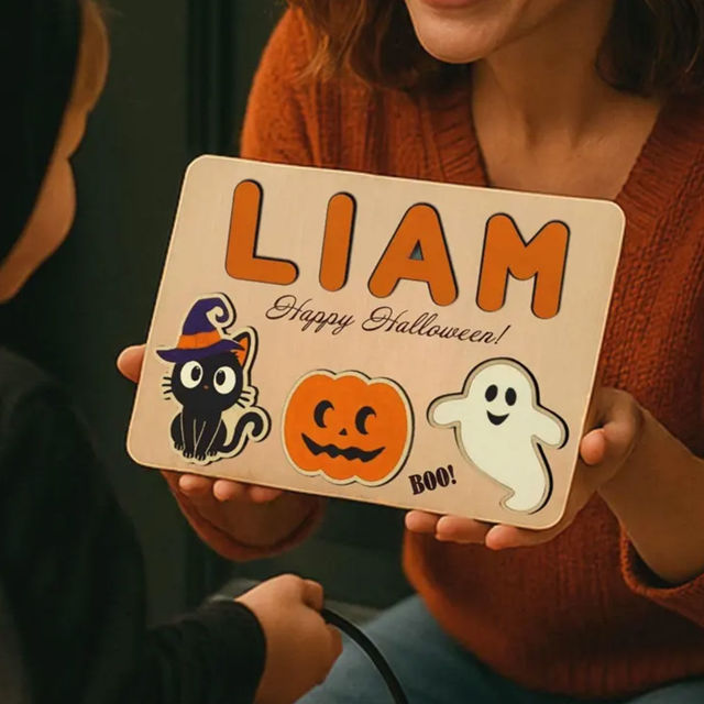 Picture of Personalized Wooden Puzzle Name Board - Halloween Theme - Orange Lettering Style - Personalized Halloween Baby Toddler Gift