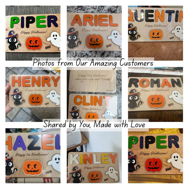 Picture of Personalized Wooden Puzzle Name Board - Halloween Themed - Candy Corn Color - Personalized Halloween Baby Toddler Gift
