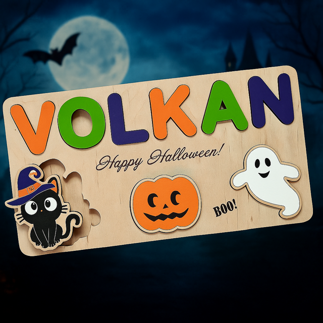 Picture of Personalized Wooden Puzzle Name Board - Halloween Themed - Witch Switch Style - Personalized Halloween Baby Toddler Gift