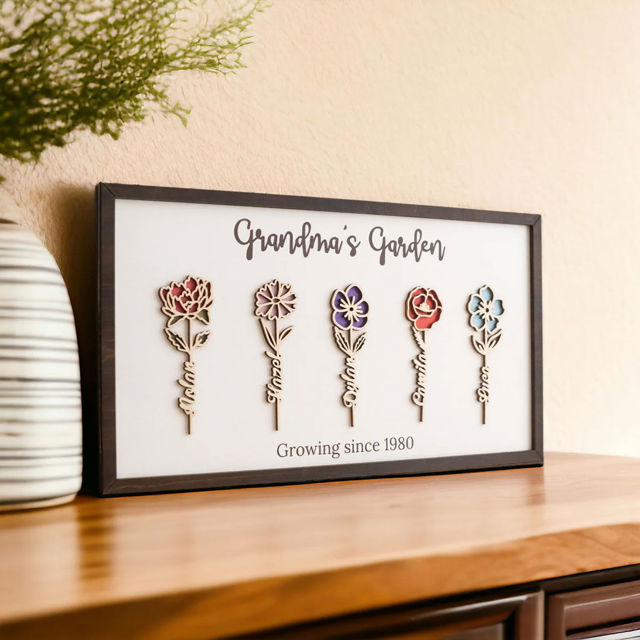 Picture of Personalized Birth Month Flowers Wooden Sign - Custom Grandma's / Mom's Garden with Kids Names - Personalized Best Mother's Day Gift