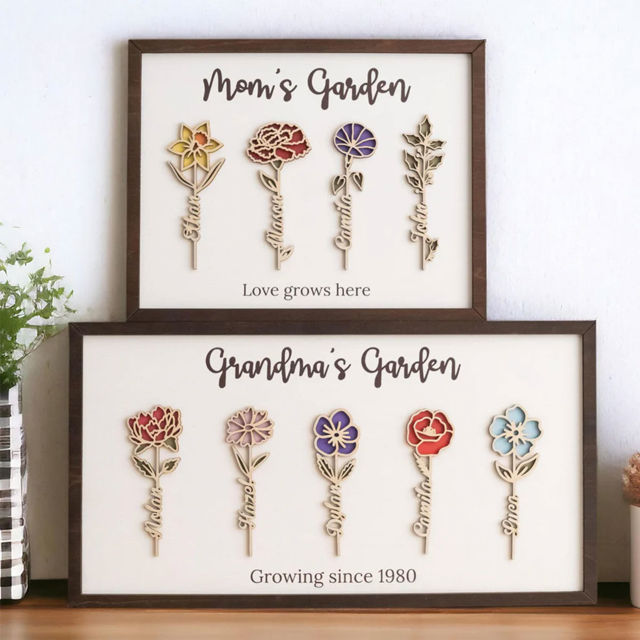 Picture of Personalized Birth Month Flowers Wooden Sign - Custom Grandma's / Mom's Garden with Kids Names - Personalized Best Mother's Day Gift