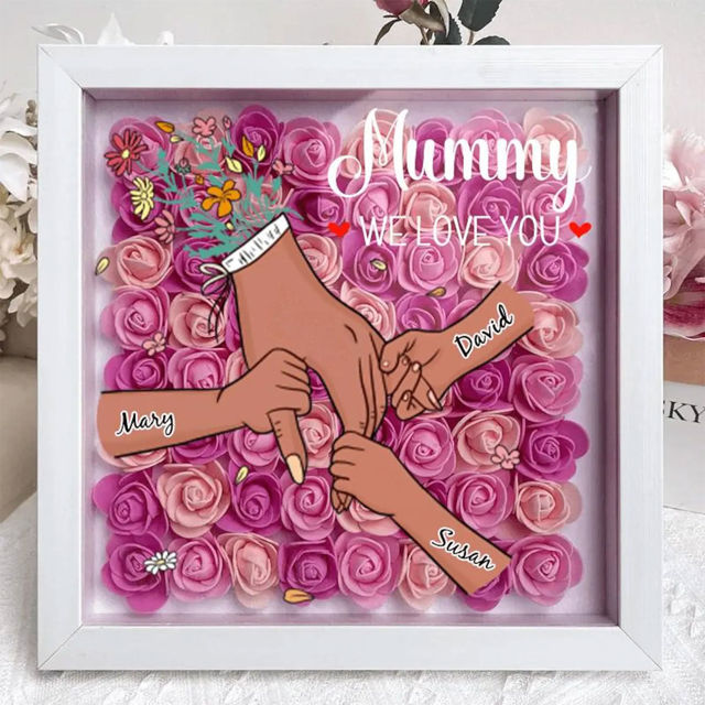 Picture of Personalized Mom Flower Shadow Box - Custom Mom's Rose Frame Box - Black Hand Holding Small Hands - Personalized Birthday and Mother's Day Gift for Mom