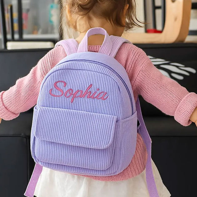 Picture of Personalized Embroidered Name Backpack - Personalized Corduroy Backpack - Custom Name Kids School Bag