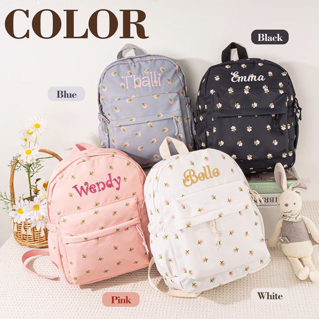 Picture of Personalized Embroidered Backpack with Name - Floral Pattern Style School Bag - Back to School Gift for Kids