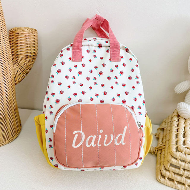 Picture of Personalized Embroidered Name Backpack - Custom Strawberry Print Canvas Backpack - Personalized Name Backpack