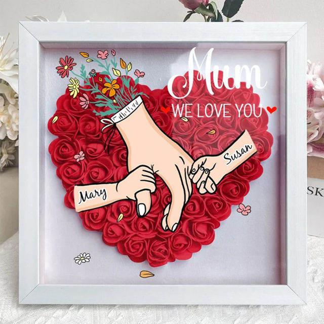 Picture of Personalized Mom Flower Shadow Box - Custom Mom's Rose Frame Box - Big Hand Holding Small Hands - Personalized Birthday and Mother's Day Gift for Mom