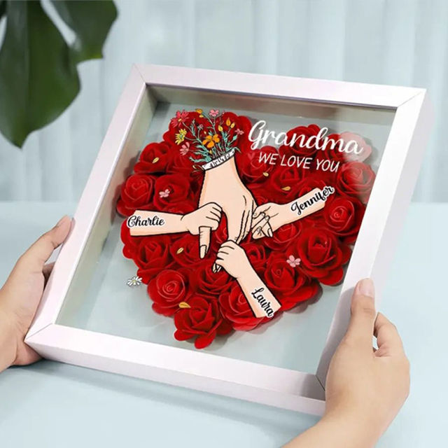 Picture of Personalized Mom Flower Shadow Box - Custom Mom's Rose Frame Box - Big Hand Holding Small Hands - Personalized Birthday and Mother's Day Gift for Mom