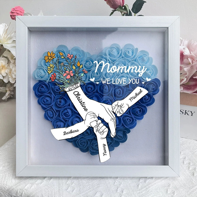 Picture of Custom Big Hand Holding Small Hands Flower Shadow Box - Big Hand with Name Style - Personalized Mother's Day Gift