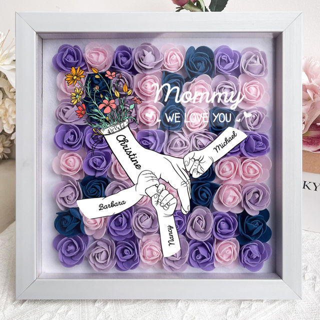 Picture of Custom Big Hand Holding Small Hands Flower Shadow Box - Big Hand with Name Style - Personalized Mother's Day Gift