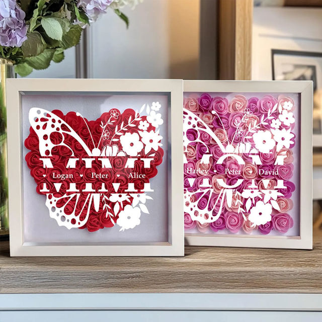 Picture of Personalized Butterfly Mom Flower Shadow Box - Custom Mom's Rose Frame Box - Custom Flower Box with Names - Personalized Birthday and Mother's Day Gift for Mom
