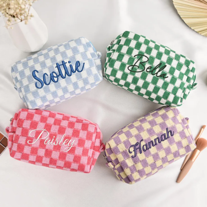 Picture of Personalized Knitted Checkerboard Plaid Makeup Bag with Embroidered Name - Personalized Travel lettered Makeup Bag