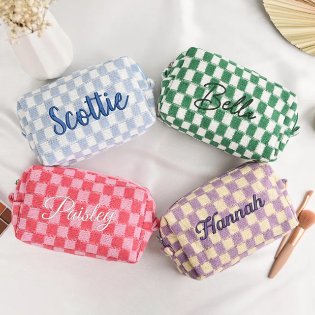 Picture of Personalized Knitted Checkerboard Plaid Makeup Bag with Embroidered Name - Personalized Travel lettered Makeup Bag