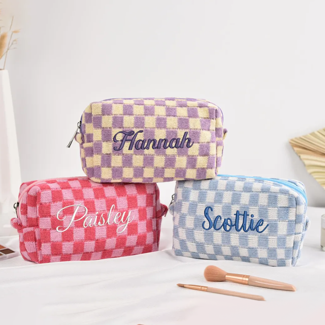 Picture of Personalized Knitted Checkerboard Plaid Makeup Bag with Embroidered Name - Personalized Travel lettered Makeup Bag