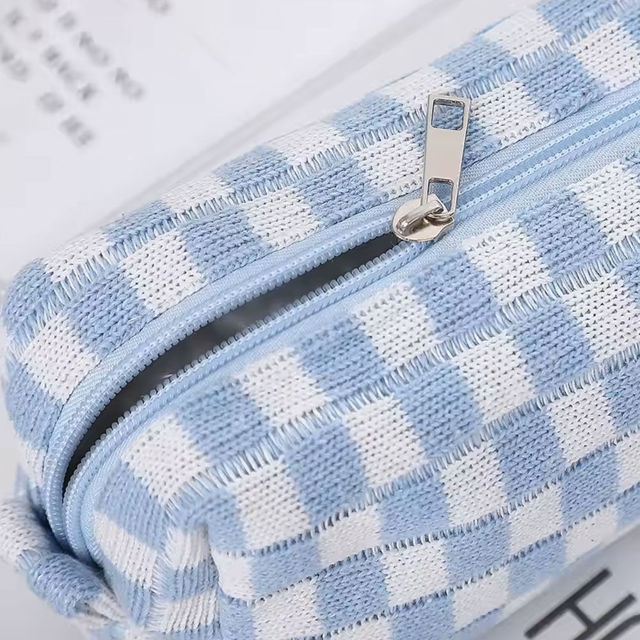 Picture of Personalized Knitted Checkerboard Plaid Makeup Bag with Embroidered Name - Personalized Travel lettered Makeup Bag