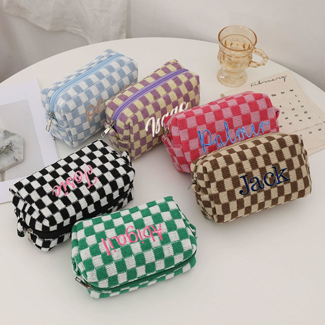 Picture of Personalized Knitted Checkerboard Plaid Makeup Bag with Embroidered Name - Personalized Travel lettered Makeup Bag