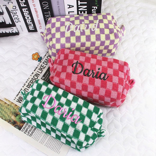 Picture of Personalized Knitted Checkerboard Plaid Makeup Bag with Embroidered Name - Personalized Travel lettered Makeup Bag