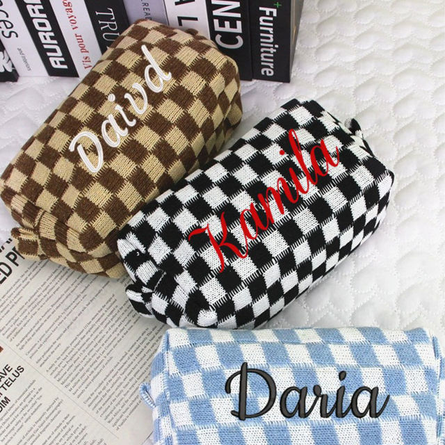 Picture of Personalized Knitted Checkerboard Plaid Makeup Bag with Embroidered Name - Personalized Travel lettered Makeup Bag