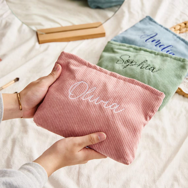 Picture of Personalized Embroidered Corduroy Makeup Bag - Bridesmaid Makeup Bag - Embroidered Toiletry Bag