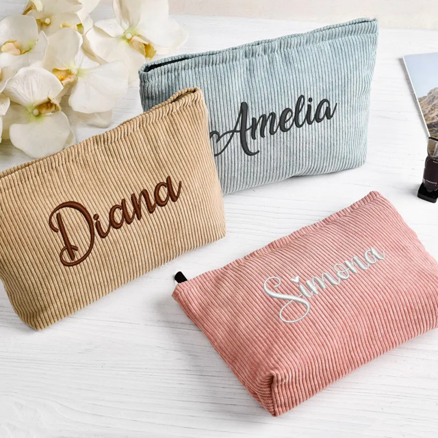 Picture of Personalized Embroidered Corduroy Makeup Bag - Bridesmaid Makeup Bag - Embroidered Toiletry Bag