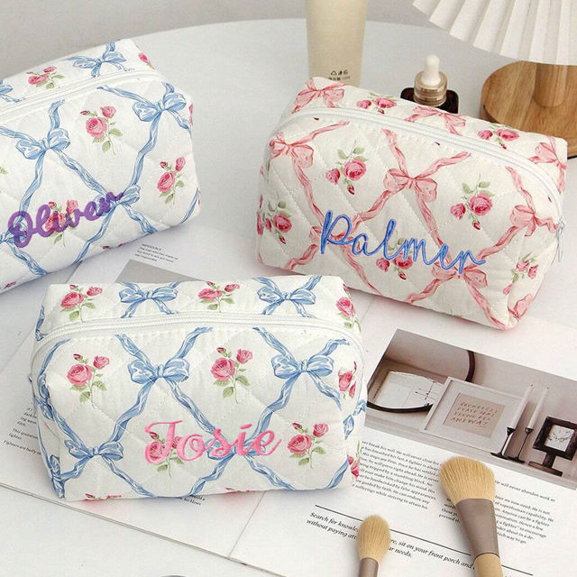 Picture of Personalized Embroidered Name Makeup Bag with Flower pattern - Personalized Travel lettered Makeup Bag