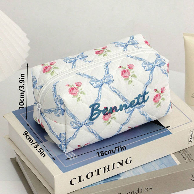 Picture of Personalized Embroidered Name Makeup Bag with Flower pattern - Personalized Travel lettered Makeup Bag