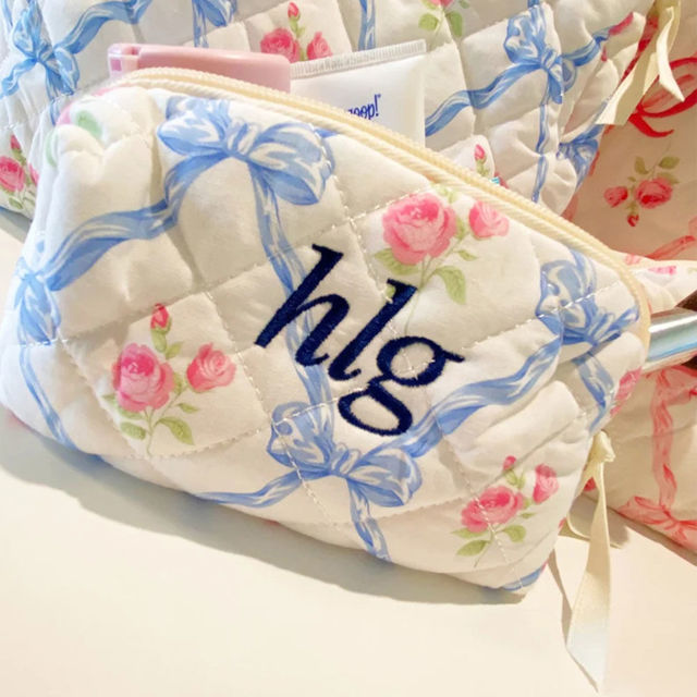 Picture of Personalized Embroidered Name Makeup Bag with Flower pattern - Personalized Travel lettered Makeup Bag