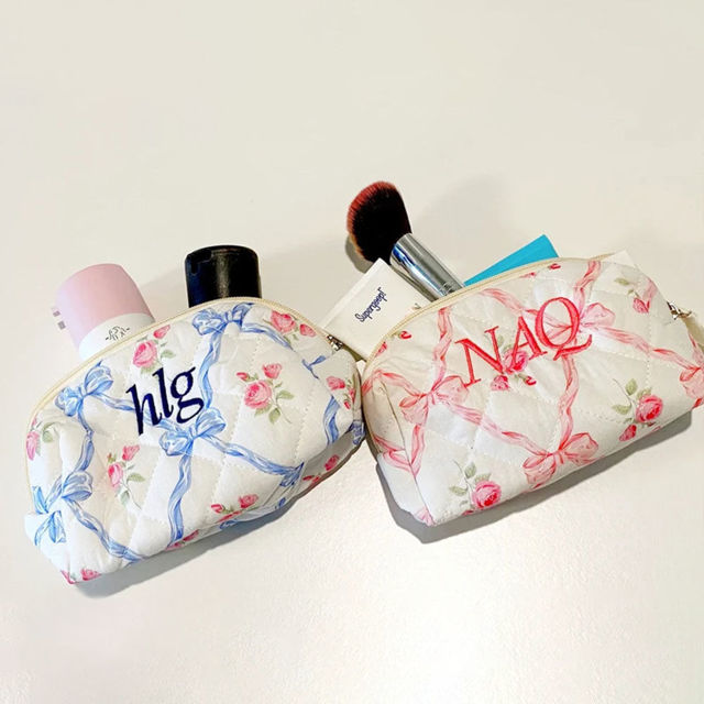 Picture of Personalized Embroidered Name Makeup Bag with Flower pattern - Personalized Travel lettered Makeup Bag