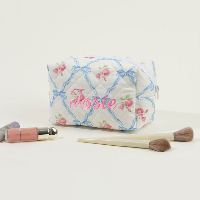 Picture of Personalized Embroidered Name Makeup Bag with Flower pattern - Personalized Travel lettered Makeup Bag