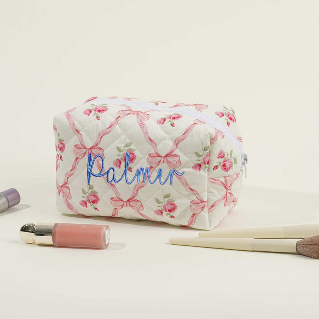 Picture of Personalized Embroidered Name Makeup Bag with Flower pattern - Personalized Travel lettered Makeup Bag