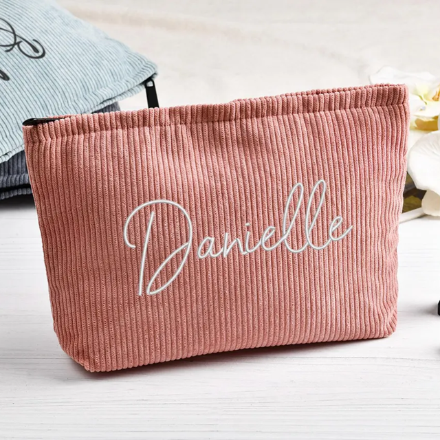Picture of Personalized Embroidered Corduroy Makeup Bag - Bridesmaid Makeup Bag - Embroidered Toiletry Bag