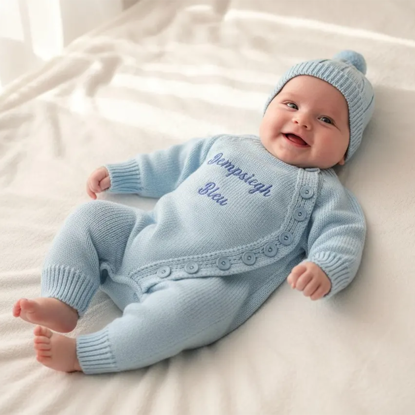 Picture of Custom Baby Bodysuit Set – Custom Embroidered Newborn Knit Outfit with Hat – Personalized Baby Clothes Gift